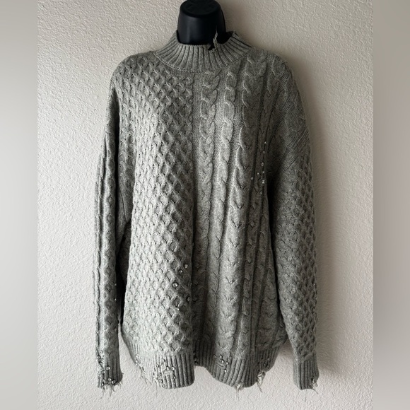 ZARA High Neck Ripped Cable Knit Sweater With Studs Size M - Picture 5 of 16